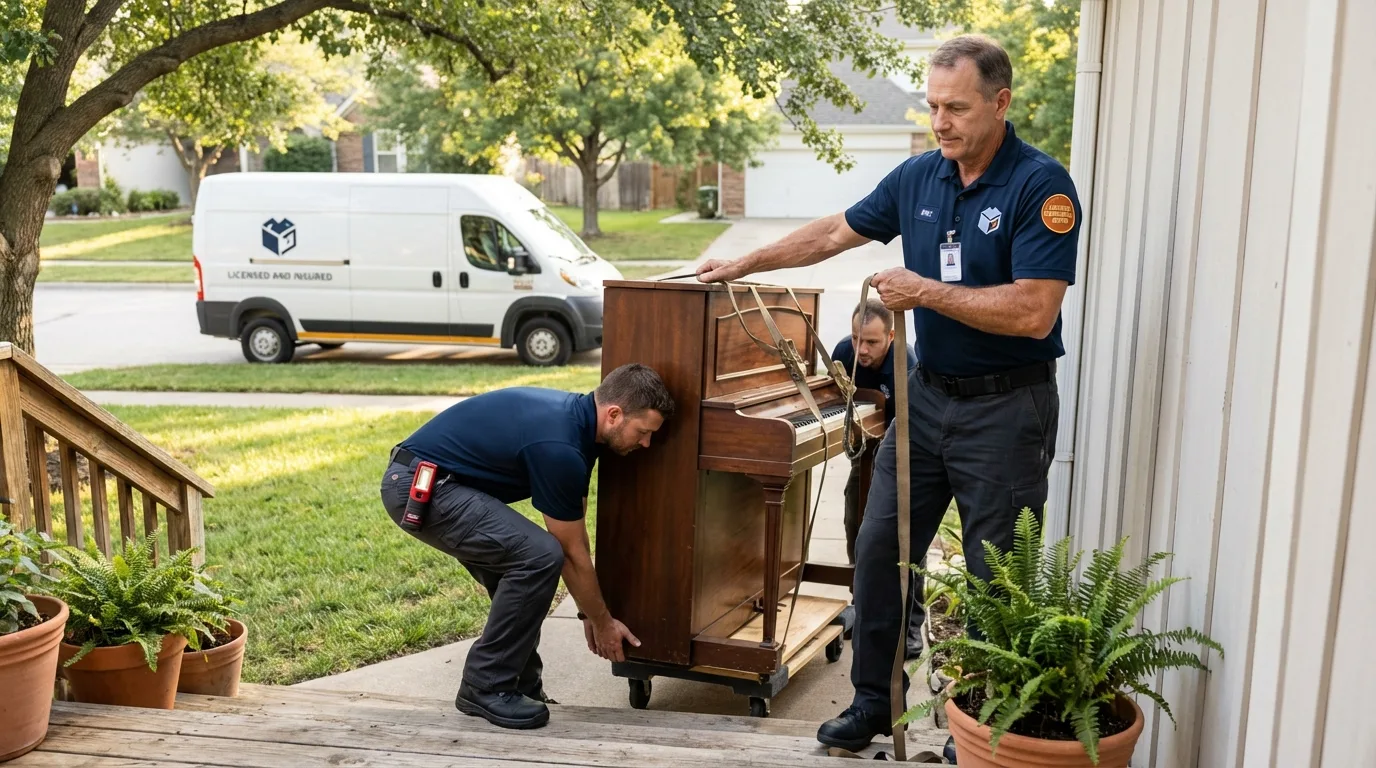 Licensed piano movers securing grand piano in Sumrall, MS
