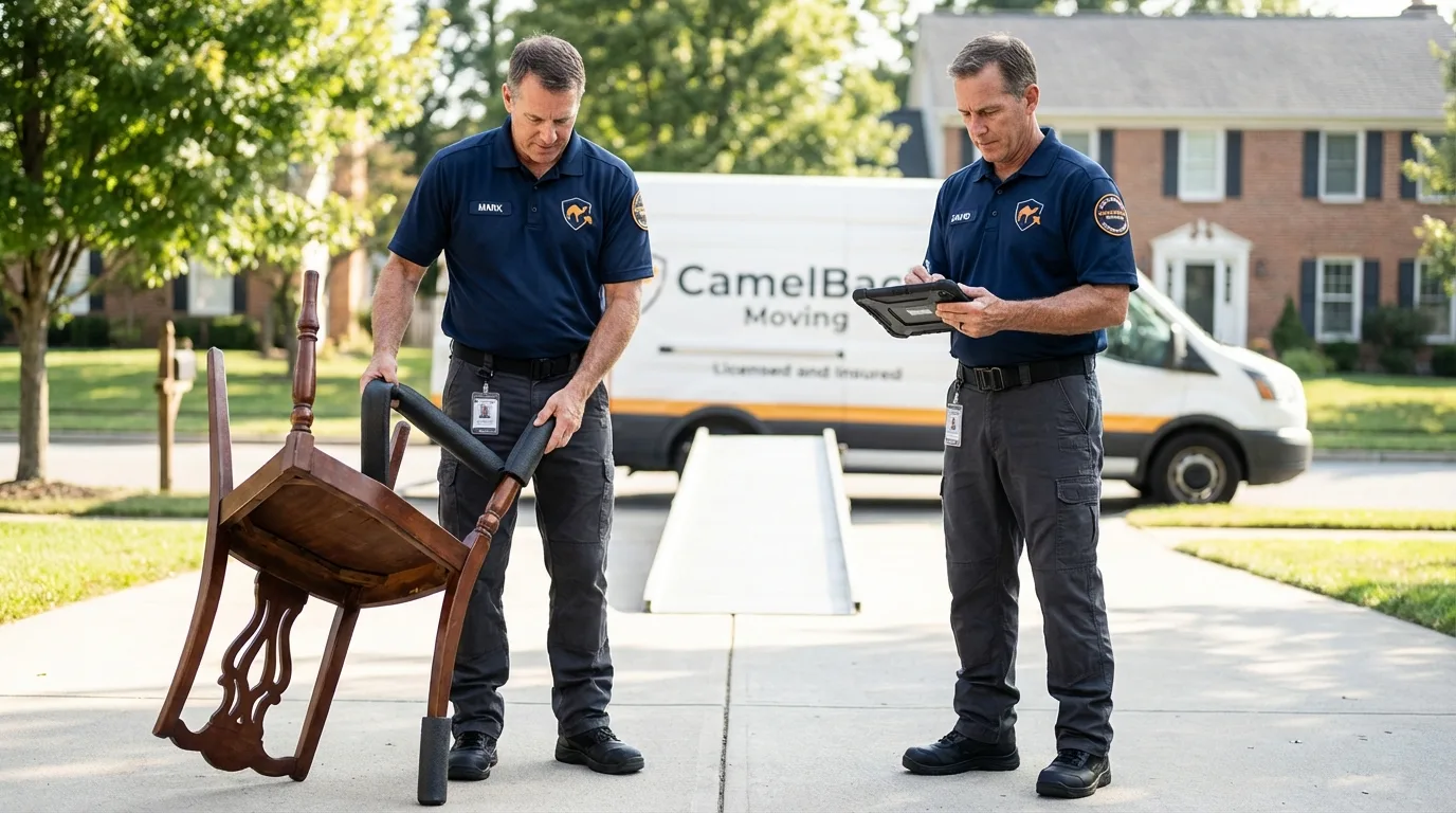 Movers inspecting furniture for damage prevention before loading in Sumrall, MS