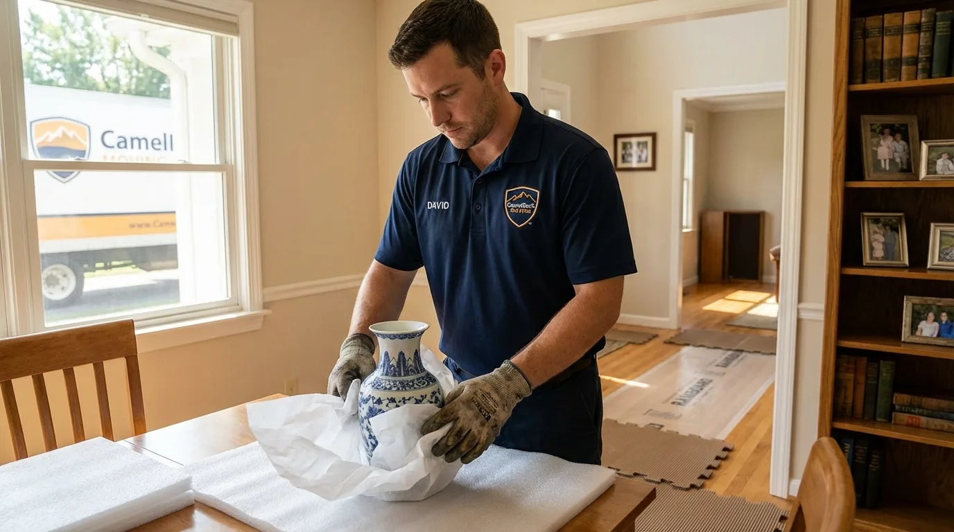 Professional crew carefully wrapping antique vase for senior downsizing move in Sumrall, MS